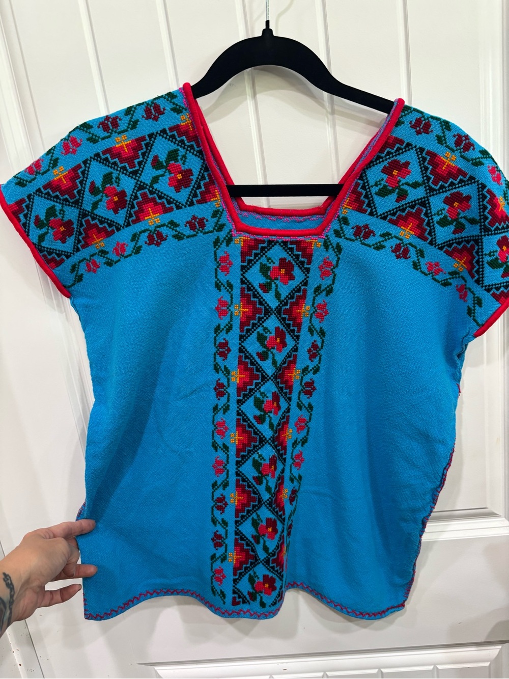 Hand-Embroidered Blue Mexican Blouse with Red Floral Trim